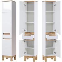 lomadox Badezimmer Hochschrank SOLNA-56 Hochglanz weiß mit Wotaneiche, B x H x T ca. 35 x 187 x 33cm - 