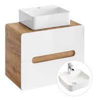 lomadox Waschtischunterschrank 60cm mit 40cm Keramik-Waschtisch LUTON-56 Hochglanz weiß mit Wotaneiche B/H/T ca. 60/67/46 cm - 
