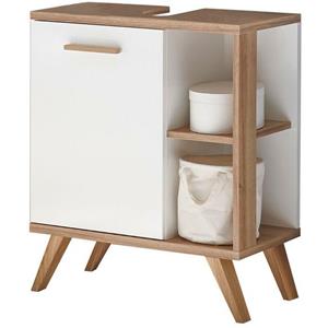 lomadox Badezimmer Waschbecken-Unterschrank MALANJE-66 in weiß glänzend & Riviera Eiche quer Nb. - B/H/T: 60,5/65/33cm - 