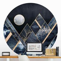 Klebefieber Runde Tapete selbstklebend Goldener Mond abstrakte schwarze Berge