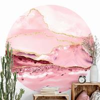 Klebefieber Runde Steintapete selbstklebend Abstrakte Berge Rosa mit Goldenen Linien