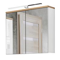 Badezimmer Spiegelschrank 80cm LED-Beleuchtung LUTON-56 Hochglanz weiß mit Wotaneiche, B/H/T ca. 80/70/20 cm