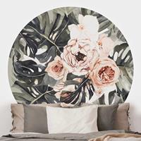 Klebefieber Runde Tapete selbstklebend Aquarell Monstera Bouquet