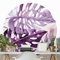 Klebefieber Runde Tapete selbstklebend Aquarell Tropische Blätter mit Monstera in Aubergine