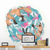 Klebefieber Runde Mustertapete selbstklebend Illustration Füchse und Wellen Malerei
