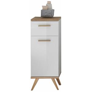 lomadox Badezimmer Seitenschrank MALANJE-66 in weiß glänzend & Riviera Eiche quer Nb. - B/H/T: 35,5/89,5/33cm - 