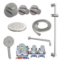 Brauer Inbouw Regendouche Set  Brushed Edition Gebogen Wanduitloop Ronde Hoofddouche 20 cm Met Twee Stopkranen Glijstang en Handdouche 3 Standen RVS Look