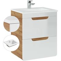 LOMADOX Waschtisch 50cm mit Keramik-Waschbecken LUTON-56 Hochglanz weiß mit Wotaneiche B/H/T 53/61/40 cm - 