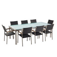 Beliani Tuinset matglas/RVS driedelig tafelblad 220 x 100 cm met 8 stoelen zwart rotan GROSSETO