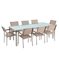 Beliani Tuinset matglas/RVS driedelig tafelblad 220 x 100 cm met 8 stoelen beige GROSSETO