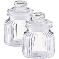 2x Glazen Voorraadpotten/bewaarpotten 600 Ml Strepen Relief 11 X 14,5 Cm - Keukenbenodigdheden - Voedsel Opslaan/bewaren