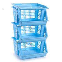 1x Blauwe Opberg Kratten/kasten/organizers 3 Vakken 62 X 32 Cm - Stapelbare Manden/bakken Om Spullen In Op Te Bergen