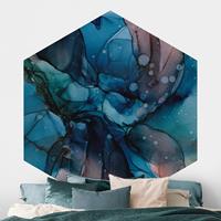 Klebefieber Hexagon Mustertapete selbstklebend Unterwasser in Petrol und Rot mit Gold