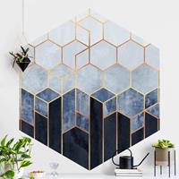 Klebefieber Hexagon Mustertapete selbstklebend Goldene Sechsecke Blau Weiß