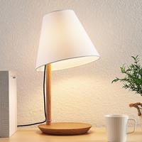 Lucande Jinda tafellamp, houten frame, stof wit
