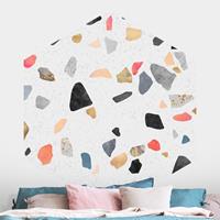 Klebefieber Hexagon Mustertapete selbstklebend Weißer Terrazzo mit Goldsteinchen