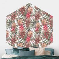 Klebefieber Hexagon Mustertapete selbstklebend Rote Ananas mit Palmenblättern Tropisch