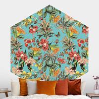 Klebefieber Hexagon Mustertapete selbstklebend Tropische Blumen vor Blau