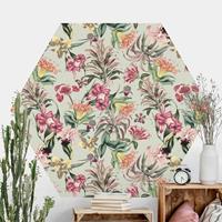 Klebefieber Hexagon Mustertapete selbstklebend Tropische Blumen vor Mint