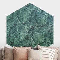 Klebefieber Hexagon Fototapete selbstklebend Tropische Palmenblätter auf Türkisverlauf