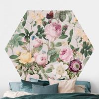 Klebefieber Hexagon Fototapete selbstklebend Vintage Blumen Illustration XXL