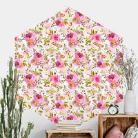 Klebefieber Hexagon Mustertapete selbstklebend Pinke Aquarell Blumen