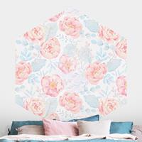 Klebefieber Hexagon Mustertapete selbstklebend Rosa Blumen mit Hellblauen Blättern