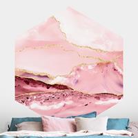 Klebefieber Hexagon Fototapete selbstklebend Abstrakte Berge Rosa mit Goldenen Linien