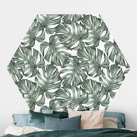 Klebefieber Hexagon Mustertapete selbstklebend Aquarell Monstera Blätter in Grün