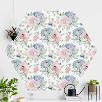 Klebefieber Hexagon Mustertapete selbstklebend Aquarell Sukkulentenbouquet Muster