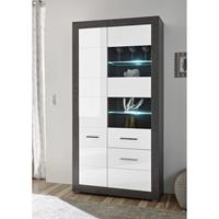 Vitrinenschrank in Hochglanz weiß mit Betonoptik dunkel ETON-61 mit LED B/H/T: 100/198/35cm