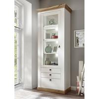 Landhaus Standvitrine LINARES-61 in Pinie weiß / Wotan Eiche Nb. inkl. LED - B/H/T ca.: 82/204/44 cm