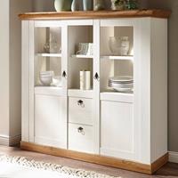 Landhaus Vitrinen-Highboard LINARES-61 Pinie weiß / Wotan Eiche Nb. inkl. LED, B/H/T ca.: 148/139/44 cm