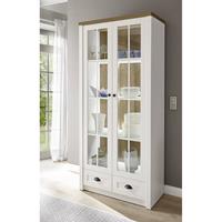 Landhaus-Vitrine 2trg & 2 Schubkästen PISA-61 in Pinie weiß und Eiche hell, inkl. Beleuchtung, B/H/T ca.: 90/198/43 cm