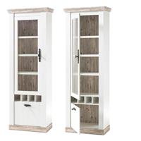Vitrine im Landhaus Stil Pinie weiß und Oslo Pinie dunkel Nb. FERNA-61 mit Flaschenregal Nb. B/H/T ca. 71x201x37cm