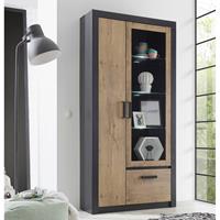 Vitrinenschrank modern inkl. LED-Glaskantenbeleuchtung BAKU-61 in Fresco anthrazit mit Kastanienbraun, BxHxT: ca. 97x200x35 cm