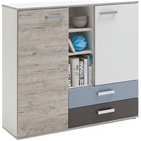 Highboard Kommode LEEDS-10 mit 2 Türen und 2 Schubkästen, Sandeiche Nb./weiß/Lava/Denim, B x H x T ca. 116,9 x 105 x 33 cm