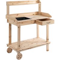 Outsunny Plantentafel met schuiflade 2 niveaus tuintafel met gootsteen en wielen hout | Aosom Netherlands