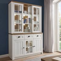 LOMADOX Buffet-Vitrinenschrank im Landhausstil PISA-61 in Pinie weiß mit Eiche hell, inkl. LED-Beleuchtung, B/H/T: 130/198/43cm
