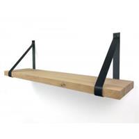 Wood Brothers Eiken wandplank massief recht 80 x 30 cm inclusief leren riemen zwart