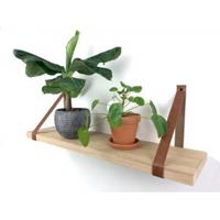 Wood Brothers Eiken wandplank massief recht 120 x 30 cm inclusief leren riemen bruin