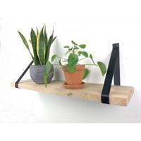 Wood Brothers Eiken wandplank massief recht 120 x 30 cm inclusief leren riemen zwart