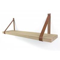 Wood Brothers Eiken wandplank massief recht 60 x 30 cm inclusief leren riemen bruin