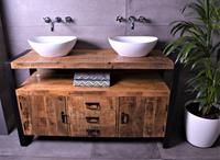 MD Interior Woodz badkamermeubel 135cm 0 kraangaten mangohout met 2 keramiek waskommen