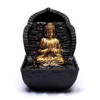 Tischbrunnen "Betender Buddha" aus Polyresin, mit warmweißer LED