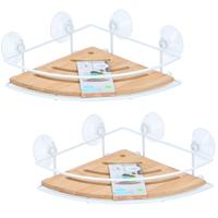 2x Stuks Doucherekje Hoek Metaal/bamboe Met Zuignappen 27 Cm - Badkamerrekje