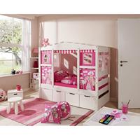 TiCAA Hausbett Mini mit Bettkasten "Horse Pink" Kiefer Weiß