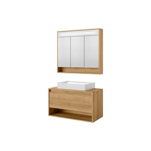 Fackelmann NATURA Badmöbelset 3-teilig, Keramikbecken, LED Spiegelschrank, 94 cm breit, Braun hell-'79709' - 