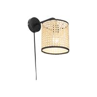 QAZQA Landwandlampe schwarz mit Rattanschirm - Kata