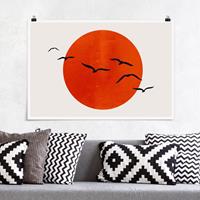 Klebefieber Poster Tiere Vogelschwarm vor roter Sonne I